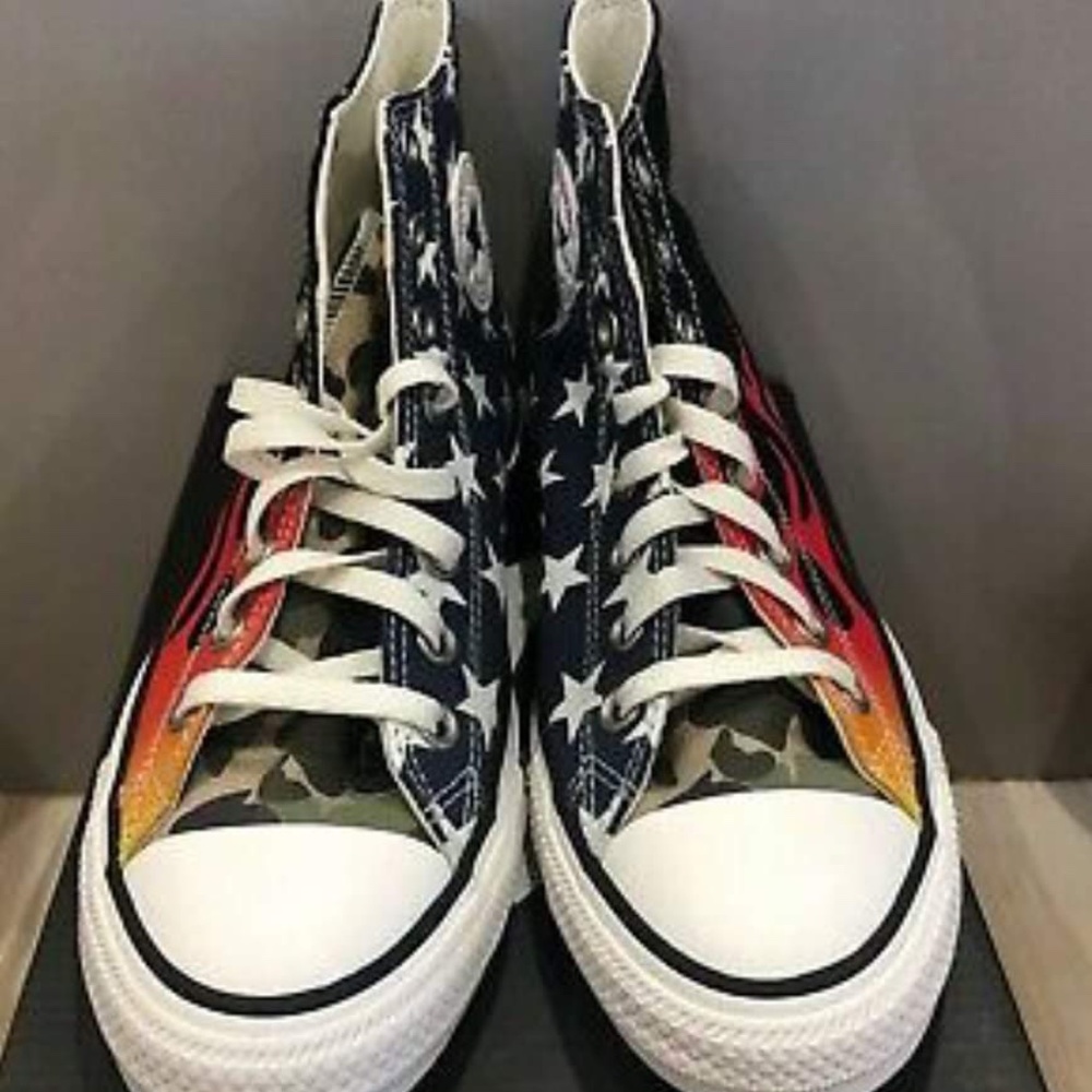 New in Box - Flames, Flag, Camo - Converse High Tops. Men’s 8 Womens 10